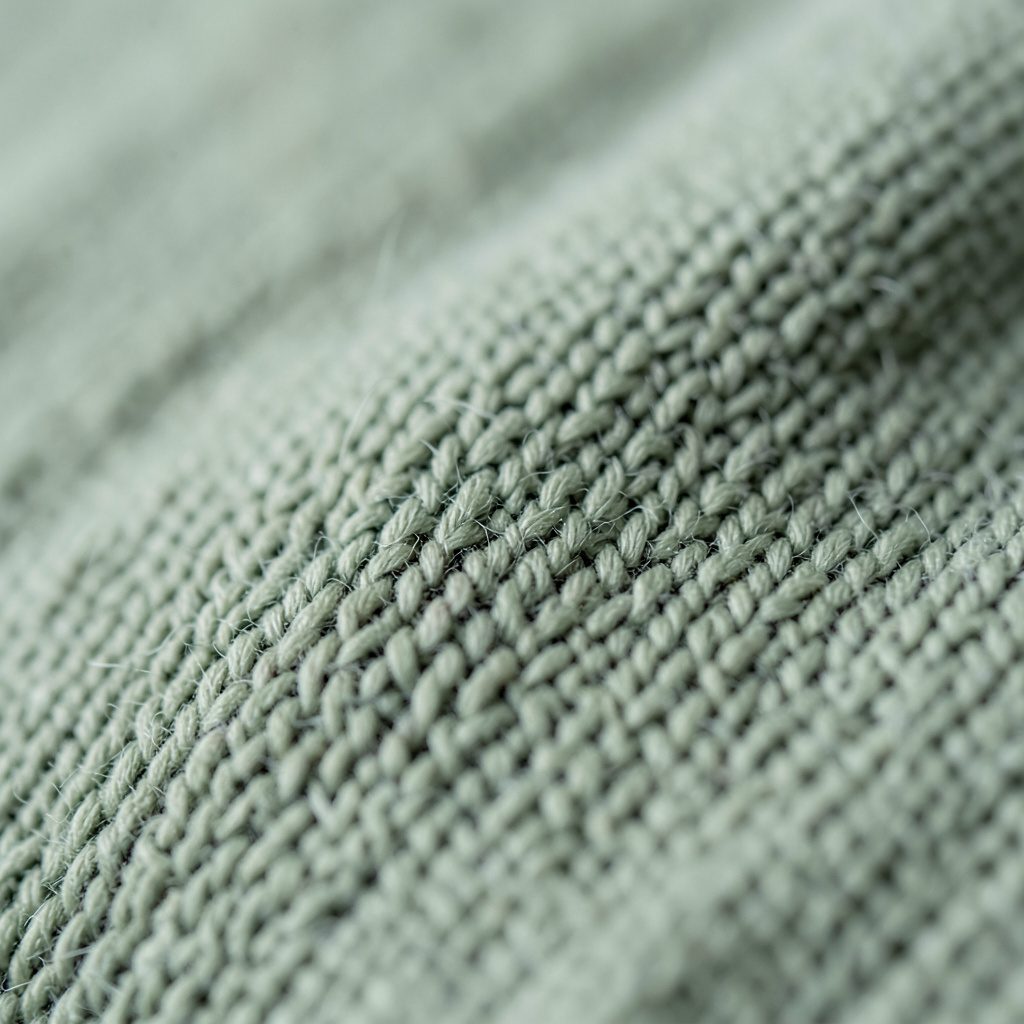 Extreme close-up of soft woven textile in muted sage green, showing fine thread detail and subtle texture